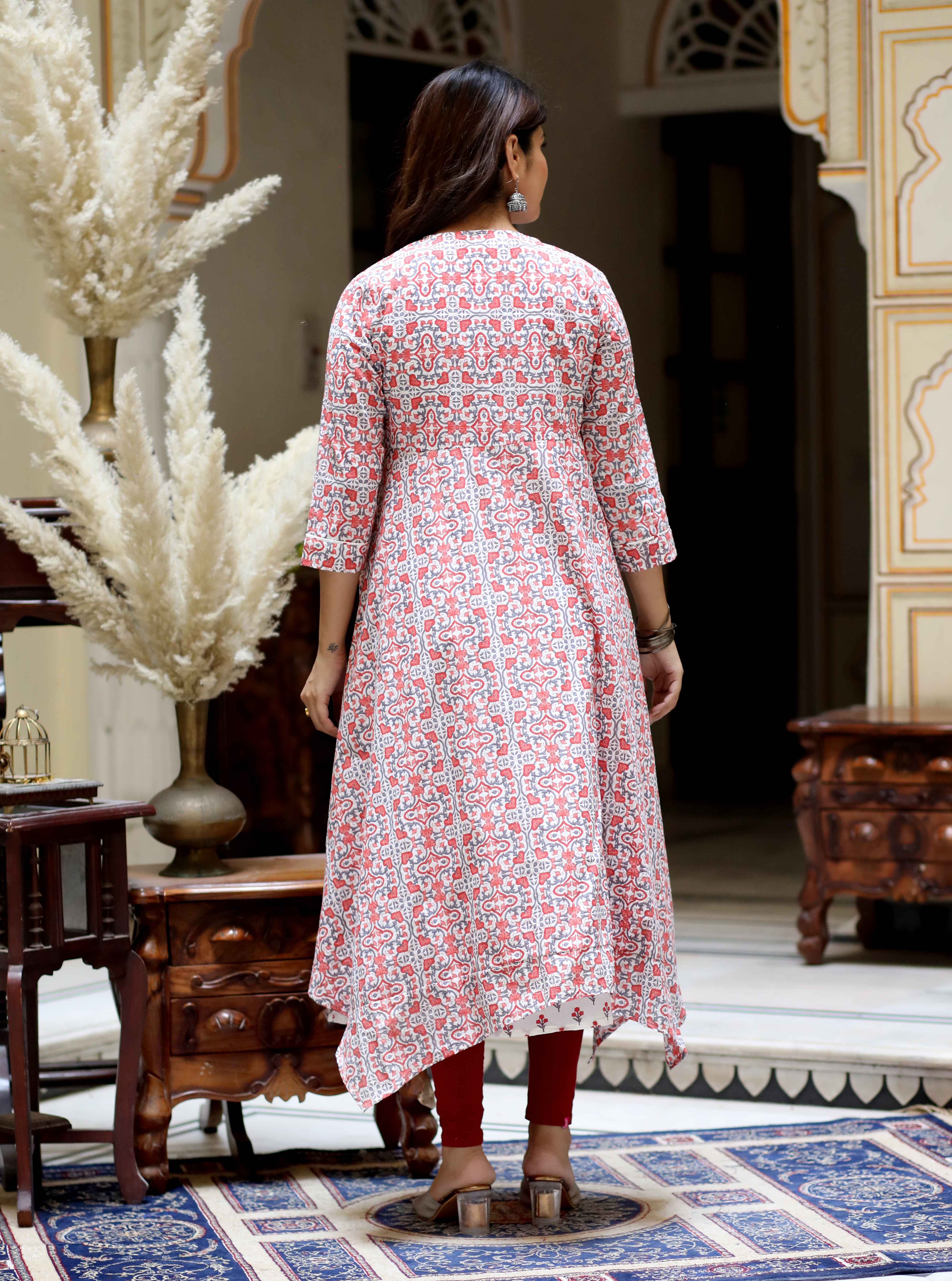 Orange Floral Cotton Sleeveless Anarkali Kurta with Printed Jacket Set